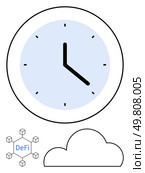 Analog clock with blue face and black hands, connected hexagons with DeFi in center, and cloud outline. Ideal for time management, finance, blockchain, cloud computing, technology, modern. Analog Clock, DeFi Connected Hexagons, and Cloud Outline for Modern Technology Concepts. Стоковая иллюстрация, агентство Ingram Publishing / Фотобанк Лори