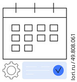 Calendar grid, check mark, and gear icon suggesting scheduled events, task completion, and productivity tools. Ideal for planning, time management, organizing tasks, productivity apps workflow. Calendar with Gear Icon and Check Mark Indicating Completed Tasks and Schedule Management. Стоковая иллюстрация, агентство Ingram Publishing / Фотобанк Лори