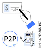 Hand signing check robot with pointing gesture, and P2P symbol with arrows. Ideal for finance, automation, technology, fintech, digital payments, peer-to-peer transactions, innovation. Line metaphor. Hand Signing Check with Robot Illustration and P2P Symbol Signifying Fintech and Automation. Стоковая иллюстрация, агентство Ingram Publishing / Фотобанк Лори