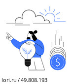 Man holding light bulb with tree, pointing, sun and coins tumbling. Ideal for innovation, business growth, sustainability, financial success, future planning eco-friendly solutions. Line metaphor. Innovative Person Holding Light Bulb and Pointing with Coins and Sun Representing Ideas and Growth. Стоковая иллюстрация, агентство Ingram Publishing / Фотобанк Лори