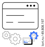 Website maintenance interface with gear icons, a wrench, and a data graph. Ideal for web, v09 development, software updates, data analysis, technical support, system optimization, IT management. Website Maintenance with Gears, Graphs, and Tools Representing Optimization and Data Analysis. Стоковая иллюстрация, агентство Ingram Publishing / Фотобанк Лори