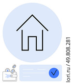 Home icon inside a blue circle, wallet with Bitcoin and smart contract logos, transaction line with check mark. Ideal for real estate, cryptocurrency, fintech, online banking, secure transactions. Cryptocurrency Wallet with Home Icon and Secure Transaction Verification Checkmark. Стоковая иллюстрация, агентство Ingram Publishing / Фотобанк Лори