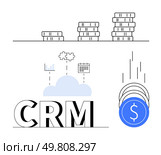 CRM text beneath cloud with connected graph, puzzle, and calendar icons. Stacks of coins above, blue coin symbols falling on right. Ideal for business, finance, technology, integration investment. Customer Relationship Management Concept with Coins, Cloud Integration, and CRM Text. Стоковая иллюстрация, агентство Ingram Publishing / Фотобанк Лори