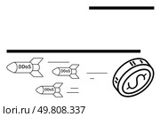 Three DDoS-labeled missiles speed toward a dollar coin. Ideal for cybersecurity, finance risk, internet threats, cybercrime, financial stability, online security, risk management. Line metaphor. DDoS Attack Concept with Missiles Targeting Financial Stability Represented by a Dollar Coin. Стоковая иллюстрация, агентство Ingram Publishing / Фотобанк Лори