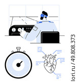 Pilot operating aircraft in cockpit stopwatch indicating precise time, heart diagram with annotations. Ideal for aviation, healthcare, cardiology, precision, time management, safety, technology. Pilot in Cockpit, Stopwatch Timer, and Annotated Heart Diagram Representing Precision and Care. Стоковая иллюстрация, агентство Ingram Publishing / Фотобанк Лори