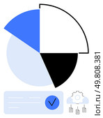 Pie chart in blue, white, black, overlaid on light blue circle. Below, a blue checked box, gear with connected documents. Ideal for data, analysis, graph, automation, process, visualization. Landing. Colorful Pie Chart with Key Elements for Data Analysis and Automation. Стоковая иллюстрация, агентство Ingram Publishing / Фотобанк Лори