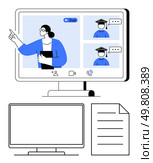 Monitor displaying online class with teacher and two students in graduation caps. Additional blank screen and document. Ideal for remote learning, virtual classrooms, e-learning, webinars. Online education session with a teacher and students on a video call, presentation slides, and note-taking. Стоковая иллюстрация, агентство Ingram Publishing / Фотобанк Лори