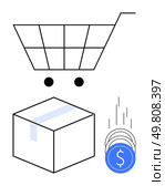 Shopping cart, shipping box, and falling blue coins with dollar signs representing online shopping, delivery, and payment. Ideal for e-commerce, financial transactions, retail, logistics digital. Online Shopping Concept with Shopping Cart, Shipping Box, and Falling Coins Representing Transaction Costs. Стоковая иллюстрация, агентство Ingram Publishing / Фотобанк Лори