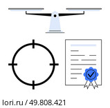 Balanced scales, target focus, and certified document with ribbon and checkmark. Ideal for business accuracy, legal matters, standards compliance, quality assurance, decision making, goal setting. Balanced Scales, Target Focus, Certified Document, Concept of Precision and Fairness. Стоковая иллюстрация, агентство Ingram Publishing / Фотобанк Лори