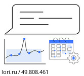 Speech bubble graph calendar gear highlight data analysis planning efficiency organization. Ideal for business, productivity, technology, communication, teamwork, automation, efficiency. Line. Communication and Planning Integrating Charts, Calendars, and Automation for Effective Strategies. Стоковая иллюстрация, агентство Ingram Publishing / Фотобанк Лори