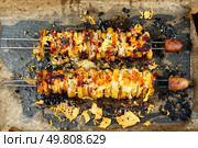 Skewers with fried young potatoes with bacon and cheese, picnic, kebab in roasting tray.. Delicious kebab of bacon and potatoes. Стоковое фото, агентство Ingram Publishing / Фотобанк Лори