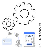Two interlocking gears, annual subscription calendar, payment card, hand exchanging money. Ideal for finance, automation, subscription services, e-commerce, business operations fintech digital. Automated Business Processes with Digital Payment and Annual Subscription Management. Стоковая иллюстрация, агентство Ingram Publishing / Фотобанк Лори