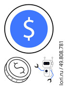 Robotic automation depicted as a friendly robot interacting with dollar sign and coin. Ideal for finance, banking, fintech, automation, digital money, economic innovation, investment. Line metaphor. Robotic Automation in Financial Technology Highlighted by Dollar Sign and Currency Coin. Стоковая иллюстрация, агентство Ingram Publishing / Фотобанк Лори