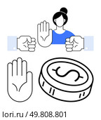 Woman in blue top with upraised hands in stop gesture alongside various hands and coin icon. Ideal for financial caution, budgeting, saving money, financial literacy, investment warnings, payment. Woman in blue top holding up hands in stop gesture surrounded by other hands and coin icon. Стоковая иллюстрация, агентство Ingram Publishing / Фотобанк Лори