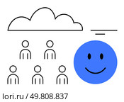 Cloud six stick figures large blue smiling face, minimalistic style. Ideal for teamwork, optimism, resilience, support, positivity, problem-solving, motivation. Line metaphor. Overcoming Challenges Embracing Positivity Amidst Uncertainty. Стоковая иллюстрация, агентство Ingram Publishing / Фотобанк Лори