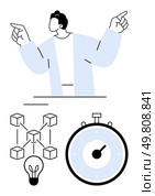 Businessman gesturing above a lightbulb with connected blocks and a stopwatch timer. Ideal for business, technology, innovation, management, networking, productivity, efficiency themes. Line metaphor. Businessman Gesticulating, Blockchain Idea Lightbulb Blocks, Stopwatch Timer for Networking Concept. Стоковая иллюстрация, агентство Ingram Publishing / Фотобанк Лори