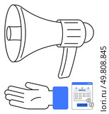 Megaphone, hand gesturing, calendar with Subscribe button. Ideal for marketing campaigns, subscription services, announcements, business promotions, social media strategies, advertising. Announce Your Subscription Service Hand Gesturing Towards Calendar and Megaphone Metaphor. Стоковая иллюстрация, агентство Ingram Publishing / Фотобанк Лори