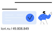 Businessman gesturing towards information box with large checkmark. Ideal for business processes, approval, validation, task completion, success symbolization, user interface design, information. Man pointing beside highlighted checkmark and information box with lines representing text. Стоковая иллюстрация, агентство Ingram Publishing / Фотобанк Лори