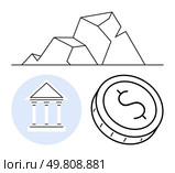 Bank building, stack of money coins, and geometric mountain graph. Ideal for finance, banking, investment, economics, savings financial planning and economic growth. Line metaphor. Financial growth vector with bank building, stack of money coins, and increasing graph. Стоковая иллюстрация, агентство Ingram Publishing / Фотобанк Лори
