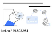 Digital hand holding a DEFI coin and sending money through a contactless card to an open hand catching coins. Ideal for finance, cryptocurrency, fintech, digital payments, blockchain, investments. Digital Hand Holding DEFI Coin While Sending and Receiving Money Through a Contactless Card. Стоковая иллюстрация, агентство Ingram Publishing / Фотобанк Лори