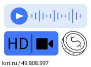 Playback button, soundwave, HD video icon, dollar coin symbolize media control, high definition, and monetization. Ideal for content creation, streaming, online media multimedia production digital. Media playback controls, HD video icon, and dollar coin representing video quality and monetization. Стоковая иллюстрация, агентство Ingram Publishing / Фотобанк Лори