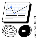 Line graph on a dashboard, dollar coin, and play button. Ideal for financial analysis, investment tracking, business presentations, economic research, market trends, online tutorials data-driven. Financial analytics dashboard with line graph, dollar coin, and play button for data visualization. Стоковая иллюстрация, агентство Ingram Publishing / Фотобанк Лори
