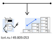 Autonomous robot interacting with server stacks and growth arrow. Black horizontal line with arrow points to robot. Ideal for technology, automation, AI, progress, data, innovation, growth. Line. Autonomous Robot with Server Stack Progression Indicating Technological Advancement. Стоковая иллюстрация, агентство Ingram Publishing / Фотобанк Лори