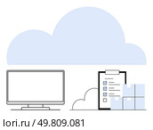 Large cloud above a computer monitor, a checklist on a clipboard, and stacked boxes. Ideal for cloud storage, data management, digital organization, virtual workspaces, inventory system, software. Cloud computing concept with monitor, checklist, and boxes showcasing data storage and organization. Стоковая иллюстрация, агентство Ingram Publishing / Фотобанк Лори