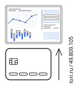 Graphical dashboard showing financial data charts with bar graphs and line charts, accompanied by a credit card and upward arrow. Ideal for financial reports, economic forecast, business analytics. Financial Growth Tracking with Credit Card Insights and Interactive Data Visualization Tools. Стоковая иллюстрация, агентство Ingram Publishing / Фотобанк Лори