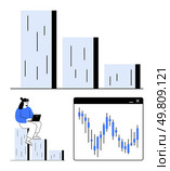 Person using laptop while sitting on a bar chart. Adjacent stock market graph displayed in a window. Ideal for financial analysis, trading, business strategy, data visualization, investing, market. Person Analyzing Stock Market Data on Laptop with Graph and Bar Charts. Стоковая иллюстрация, агентство Ingram Publishing / Фотобанк Лори