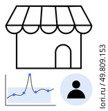 Shop facade line graph with data points silhouette icon. Ideal for retail, small business, analytics, customer focus, market strategy, data-driven growth, entrepreneurship. Line metaphor. Business Growth Market Insights and Customer Focus for Retail Success. Стоковая иллюстрация, агентство Ingram Publishing / Фотобанк Лори