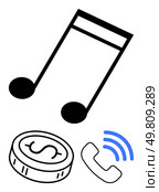 Musical note, dollar coin with dollar sign, phone receiver with blue signal waves. Ideal for entertainment, finance, communication, marketing, technology mobile apps creative projects. Line. Musical Note, Dollar Coin, and Phone Call Icon with Blue Signal Waves for Multi-Purpose Themes. Стоковая иллюстрация, агентство Ingram Publishing / Фотобанк Лори