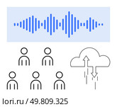 Sound wave in blue five user icons, and cloud with arrows. Ideal for digital communication, data sharing, networking, technology, cloud computing, teamwork, connection. Line metaphor. Sound Wave, User Icons, and Cloud Sync Highlighting Digital Communication and Data Sharing. Стоковая иллюстрация, агентство Ingram Publishing / Фотобанк Лори