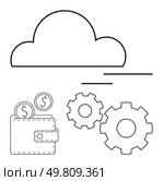 Cloud above wallet with coins and two gears. Ideal for fintech, cloud storage, financial services, online banking, digital transactions, operational efficiency, and automation. Line metaphor. Cloud computing concept with wallet, coins, and gears representing financial technology and operations. Стоковая иллюстрация, агентство Ingram Publishing / Фотобанк Лори