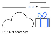 Cloud icon with a gift box and lines representing data movement. Ideal for technology, cloud storage, data transfer, online services, digital gifts, value-added services, innovation. Line metaphor. Cloud storage and data transfer concept with gift box symbolizing value-added service. Стоковая иллюстрация, агентство Ingram Publishing / Фотобанк Лори