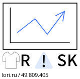 Line graph with upward trend arrow, white t-shirt icon, and caution sign forming the word RISK. Ideal for market analysis, financial forecasting, investment strategies, business presentations. Graph with Upward Trend and Risk Warning Elements Highlighting Market Volatility. Стоковая иллюстрация, агентство Ingram Publishing / Фотобанк Лори