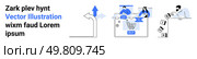 Road guidepost indicating direction, individuals engaged in online shopping, and person examining falling risk blocks. Ideal for business strategy, e-commerce, decision-making, risk management. Navigating Business Decisions Choices, E-commerce, and Risk Management. Стоковая иллюстрация, агентство Ingram Publishing / Фотобанк Лори