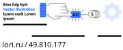 Hand pressing a blue AD button with a coin stack and gear icons, representing digital marketing, monetization, ad campaigns, automation, and business optimization. Ideal for websites, blogs. Hand Pressing Ad Button with Coin and Gear Icons for Marketing and Monetization. Стоковая иллюстрация, агентство Ingram Publishing / Фотобанк Лори