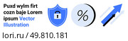 Lock inside blue security shield, percentage symbol in circle, arrows indicating growth. Ideal for cybersecurity, finance, data protection, analytics, statistics, technology, business. Landing page. Digital Security Shield, Percentage Symbol, and Arrow Growth Chart with Text in Blue. Стоковая иллюстрация, агентство Ingram Publishing / Фотобанк Лори