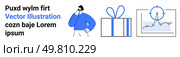 Businessman in blue pondering near gift box and data graph. Ideal for marketing, data analysis, gift giving, business strategy, e-commerce, conceptual thinking, promotional materials. Landing page. Businessman Contemplating Graph, Gift Box, and Text Element Highlighting Vector Illustration Concept. Стоковая иллюстрация, агентство Ingram Publishing / Фотобанк Лори