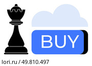 Chess king, cloud icon, and prominent BUY button signify strategic online buying decisions. Ideal for e-commerce, digital strategy, decision-making, business planning, online marketing, innovation. Chess piece strategy combined with cloud-based online purchase concept featuring BUY button. Стоковая иллюстрация, агентство Ingram Publishing / Фотобанк Лори
