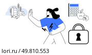 Person touching stomach and extending hand towards dairy and fish, calculator, apple, and lock. Ideal for dietary restrictions, food intolerance, nutrition, health, wellness calorie counting. Person with Stomach Pain Rejecting Various Food Items, Illustrating Dietary Restrictions and Health. Стоковая иллюстрация, агентство Ingram Publishing / Фотобанк Лори