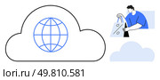 Man holding shopping bag, large cloud icon with globe. Ideal for e-commerce, cloud computing, global business, online shopping, internet services, digital marketplace, and technology integration. Cloud technology and e-commerce Online shopping concept with global connectivity. Стоковая иллюстрация, агентство Ingram Publishing / Фотобанк Лори
