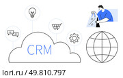 CRM text within cloud surrounded by light bulb, shopping cart, chat bubbles, cogwheel, globe, and person holding shopping bags. Ideal for marketing, ecommerce, business strategy global reach. Customer Relationship Management CRM Cloud with Ecommerce and Communication Icons. Стоковая иллюстрация, агентство Ingram Publishing / Фотобанк Лори