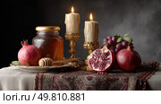 Elegant still life with pomegranates and honey. Стоковое AI-изображение, AI-художник Юрий Поздников / Фотобанк Лори