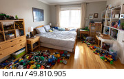 A child's bedroom cluttered with rarely-used plastic toys. Symbol of a major environmental problem caused by urban overconsumption waste. Abstract image. Стоковое AI-изображение, AI-художник ALLA YURTAYEVA / Фотобанк Лори