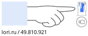 Hand pointing at clothes on hanger with blue dress, shirts, and video camera icon. Ideal for online shopping, fashion industry, marketing, advertising, e-commerce tutorials presentations. Line. Hand Pointing at Clothes on Hanger with Video Camera Icon for Online Fashion Shopping. Стоковая иллюстрация, агентство Ingram Publishing / Фотобанк Лори