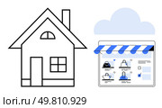 House next to a cloud and a tablet displaying an online store layout with product images under awning. Ideal for e-commerce, home shopping, cloud storage, digital marketplaces, remote access, online. Online Shopping Platform Accessible from Home with Cloud Storage Interface. Стоковая иллюстрация, агентство Ingram Publishing / Фотобанк Лори