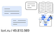 Speech bubbles, open book, and online shopping interface with people adding to cart and checking out. Ideal for education, e-commerce, UIUX design, digital communication, customer service, content. Conversational UI Elements with Open Book and Online Shopping Interface Representation. Стоковая иллюстрация, агентство Ingram Publishing / Фотобанк Лори