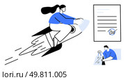 Woman with ponytail riding a rocket signed contract on the right person with shopping bags below. Ideal for business growth, startup success, e-commerce, contracts, delivery, ambition, innovation. Woman Riding Rocket with Signed Contract and Shopping Bags, Representing Speed and Success. Стоковая иллюстрация, агентство Ingram Publishing / Фотобанк Лори